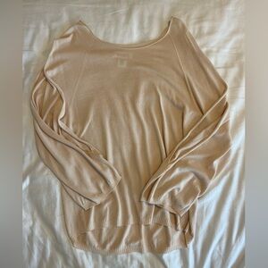 Kontatto light pink tan long sleeve off the shoulder cut out arm sweater